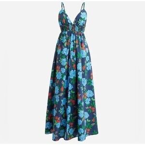 J.crew 2X Smocked Waist Cutout Back Cover-Up Midi Dress Deep V Neck Blue Peony